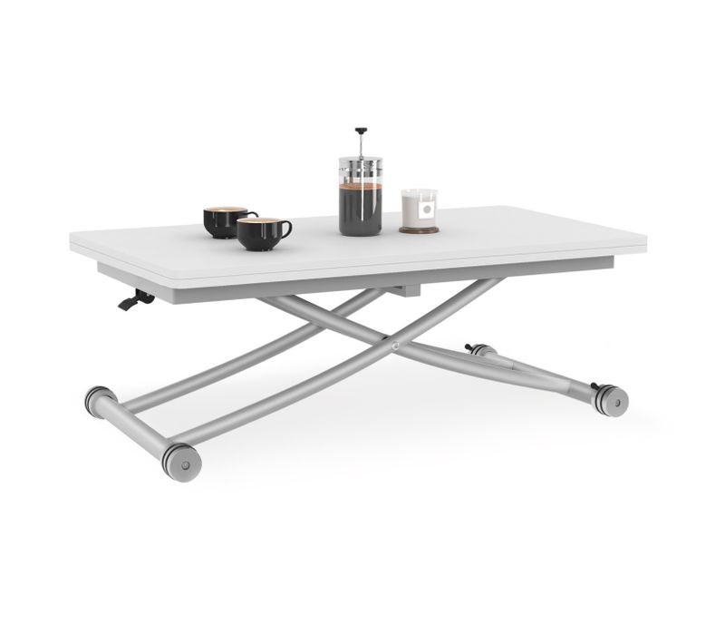 Table Basse Extensible Relevable En Table à Manger Rectangulaire Urbana Plateau Blanc Pied Chrome