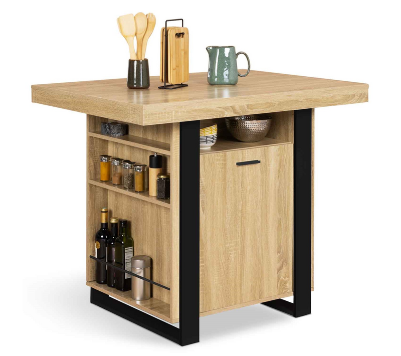 Ilot Central Phoenix 110 Cm Bois Et Noir Avec Rangements