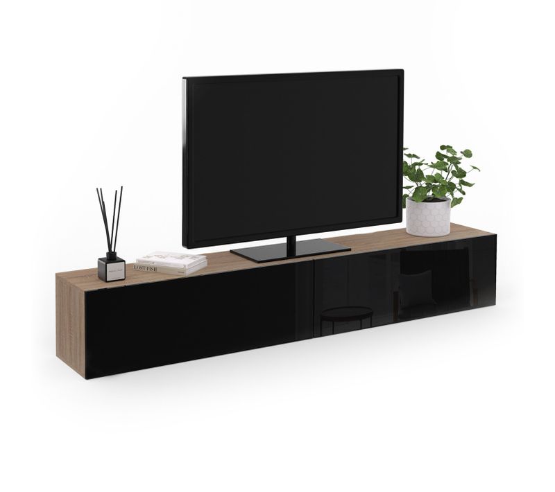 Meuble TV 180 Cm Suspendu Elio 2 Portes Bois Et Noir
