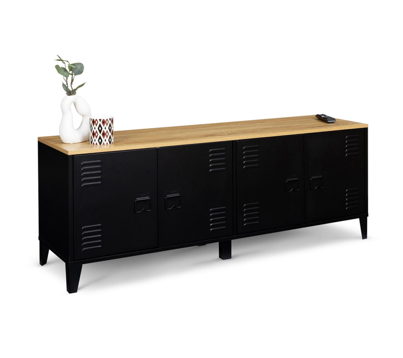 Buffet Bas 140 Cm Ester 4 Portes Métal Noir Et Plateau Bois Design Industriel
