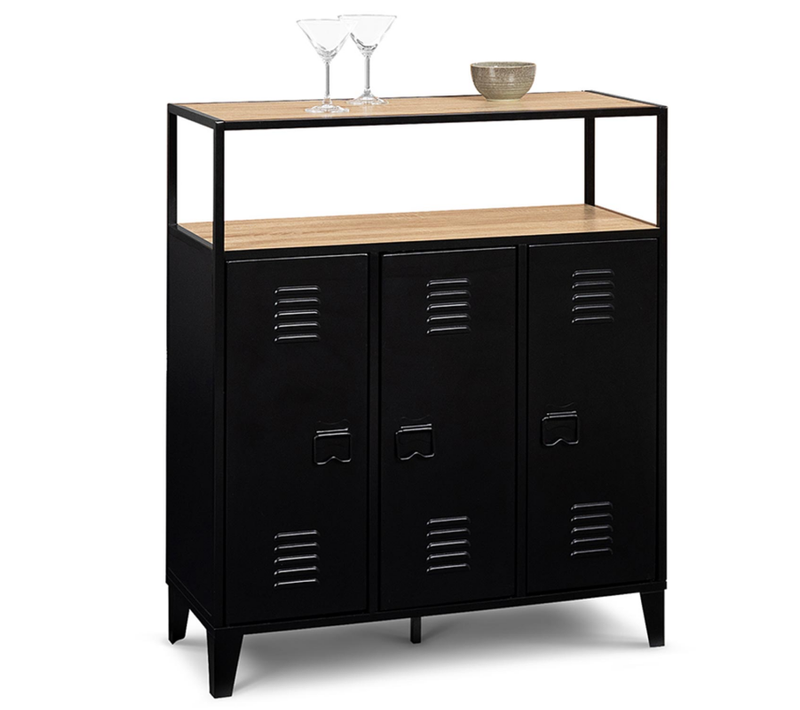 Meuble De Bar Buffet Ester 3 Portes En Métal Noir Plateau Façon Hêtre