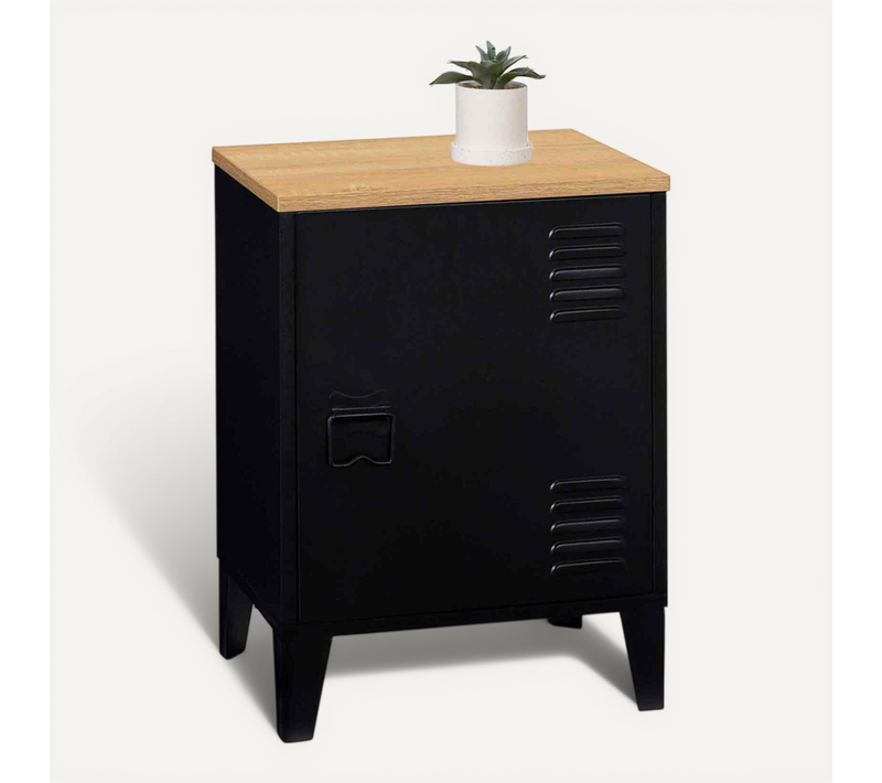 Table De Chevet Ester 1 Porte Métal Noir Plateau Façon Hêtre Design Industriel