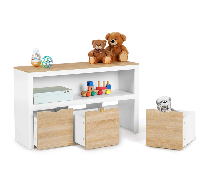Meuble De Rangement Enfant Mana En Bois Blanc Et Hêtre 3 Tiroirs Cubes Sur Roulettes