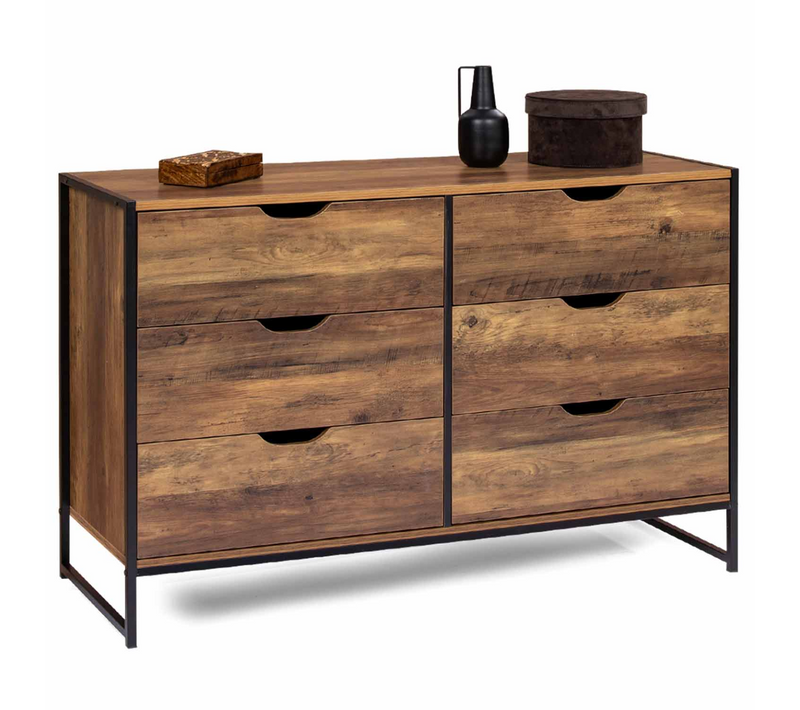 Commode 6 Tiroirs Hawkins 115 Cm Bois Foncé Design Industriel