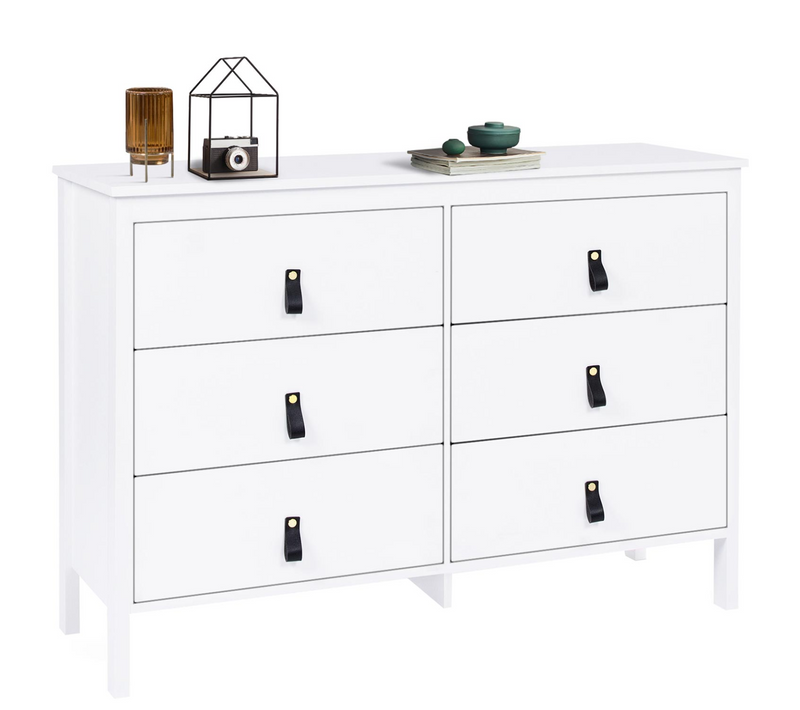 Commode 6 Tiroirs Milano 115 Cm Bois Blanc Avec Poignée Languette Noire