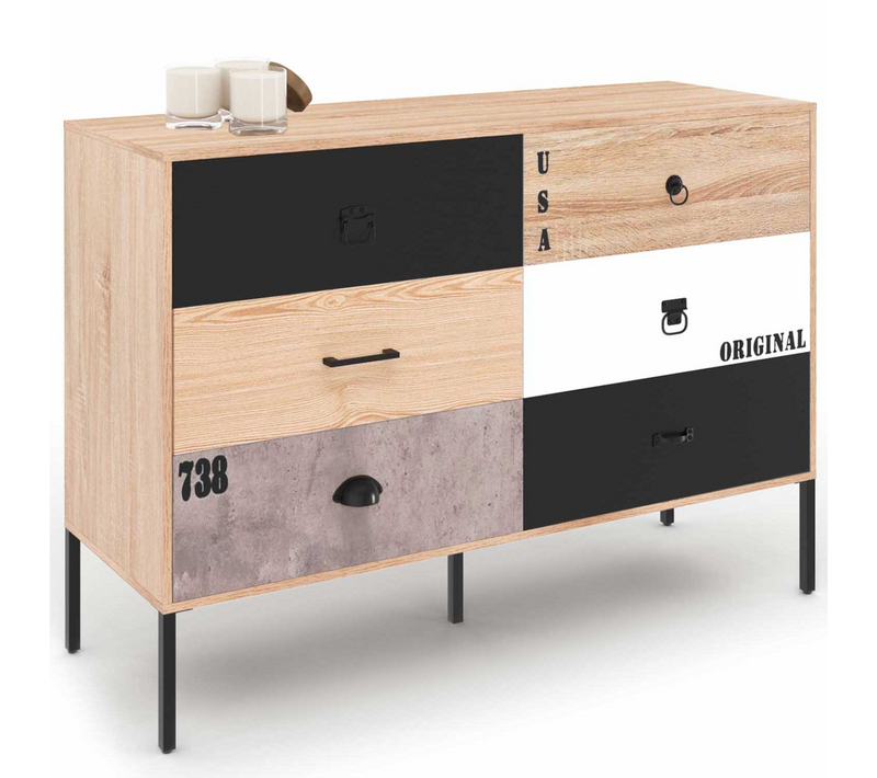 Commode 6 Tiroirs Sacramento 115 Cm Design Industriel Dépareillé