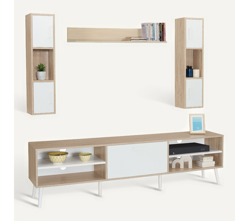 Ensemble Meuble TV 180 Cm Et étagères Houston Bois Et Blanc
