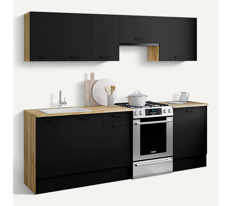 Cuisine Complète 240 Cm Subtil Avec Plan De Travail 7 éléments Bois Et Noir