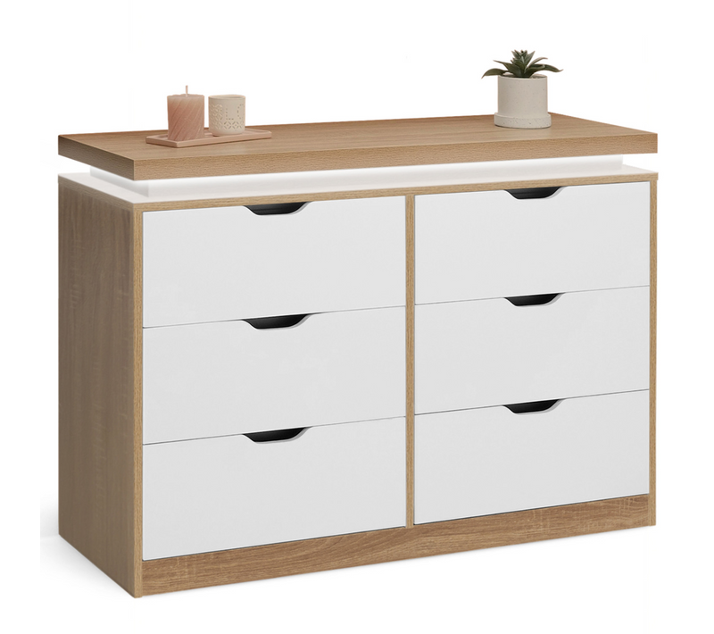 Commode 6 Tiroirs Luna à LEDs 115 Cm Blanc Et Effet Bois