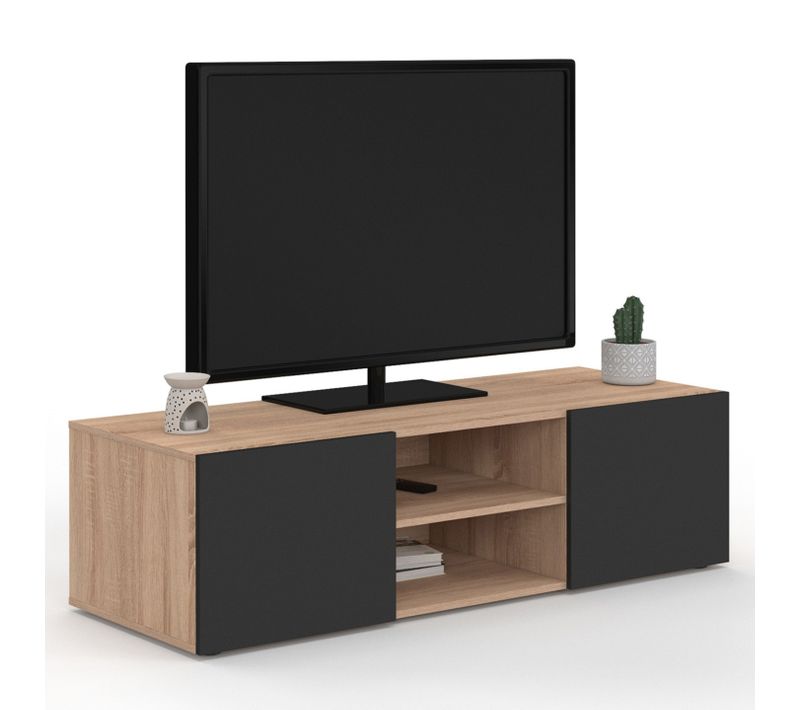 Meuble TV 113 Cm Eli Bois Façon Hêtre Portes Noires