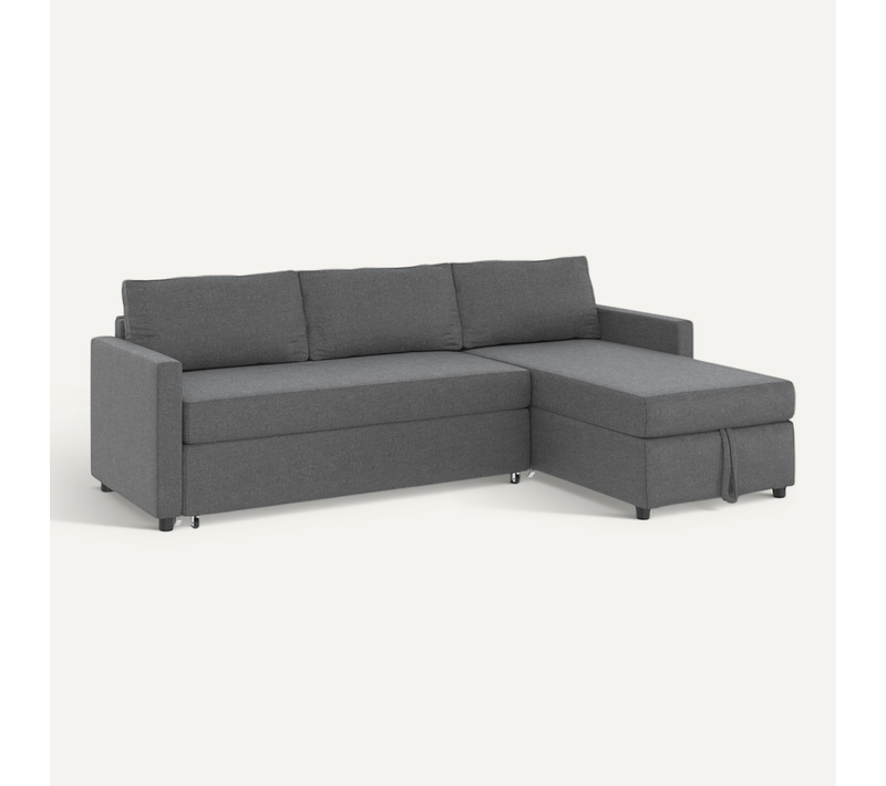 Canapé D'angle Convertible Avec Méridienne Coffre Noah En Tissu Gris Anthracite