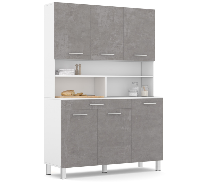 Buffet De Cuisine 120 Cm Cina 6 Portes + Tiroir Blanc Et Effet Béton