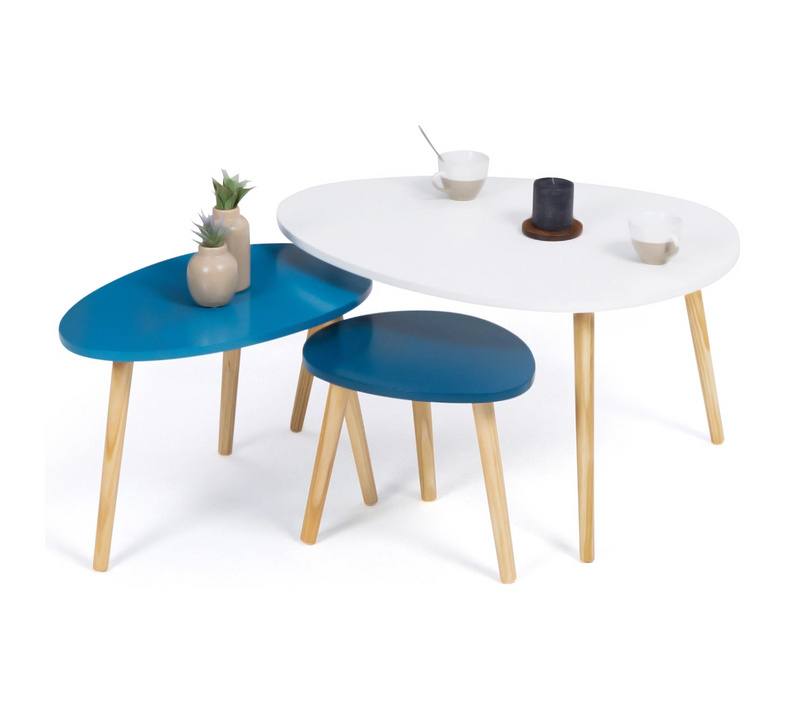 Lot De 3 Tables Basses Gigognes Gaia Laquées Blanc Bleu Scandinave