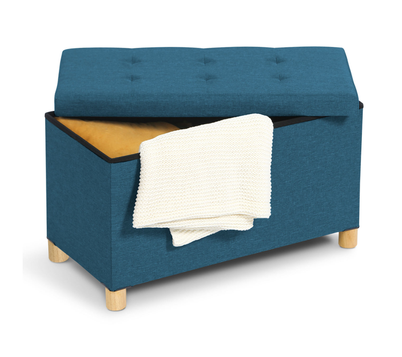 Banc Coffre Rangement Sur Pieds 76 Cm Tissu Bleu Canard