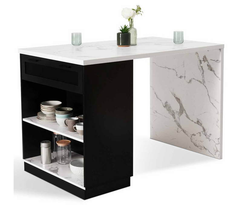 Ilot Central Mange Debout 4 Personnes Vito 130 Cm Noir Et Plateau Effet Marbre Alaska