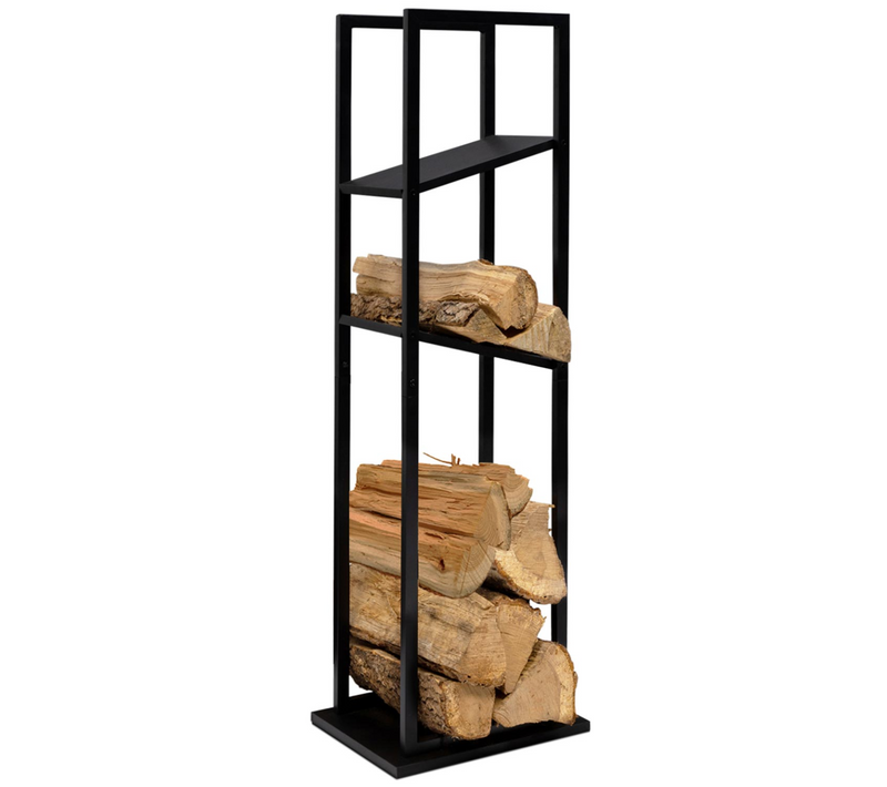 Range Bûches Vertical Acier Noir Avec 2 Étagères H.112 Cm Pour Cheminée