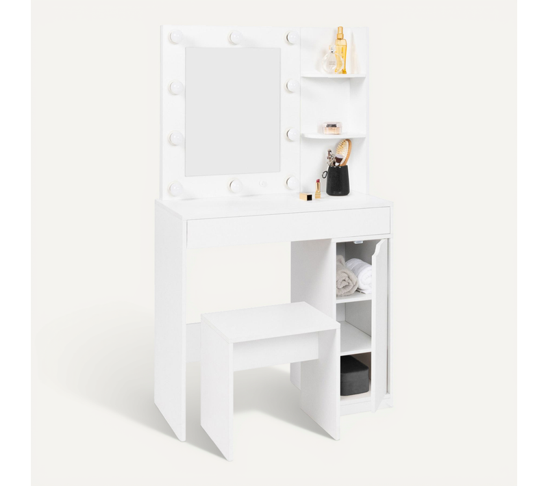 Coiffeuse Zelia Miroir LED Avec 1 Tiroir, étagères, Caisson De Rangement Et Tabouret