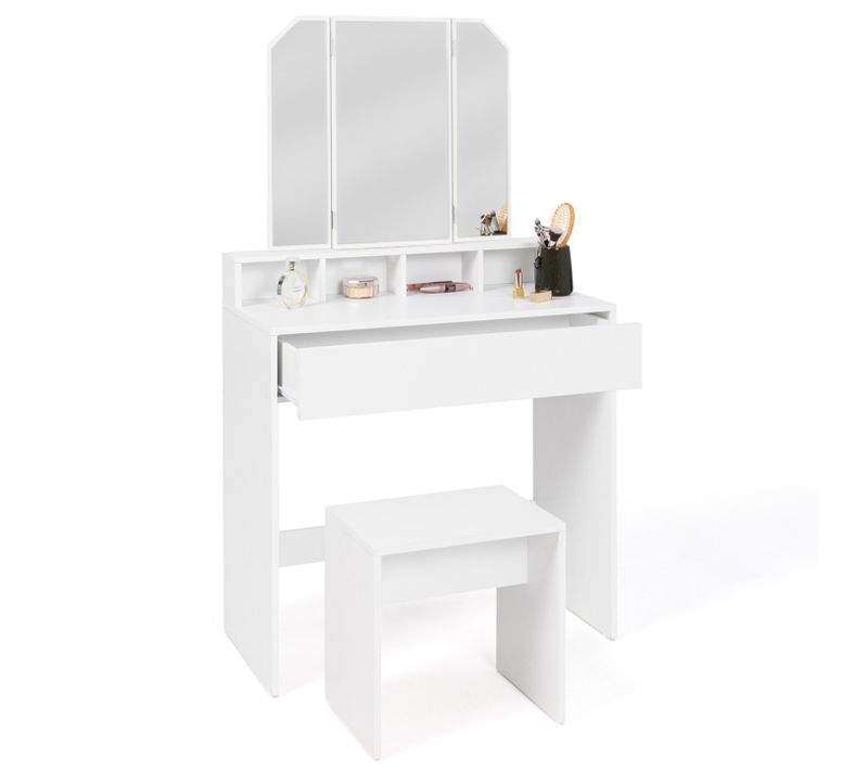 Coiffeuse Zelia 3 Miroirs Avec 4 Niches, 1 Tiroir Et Tabouret