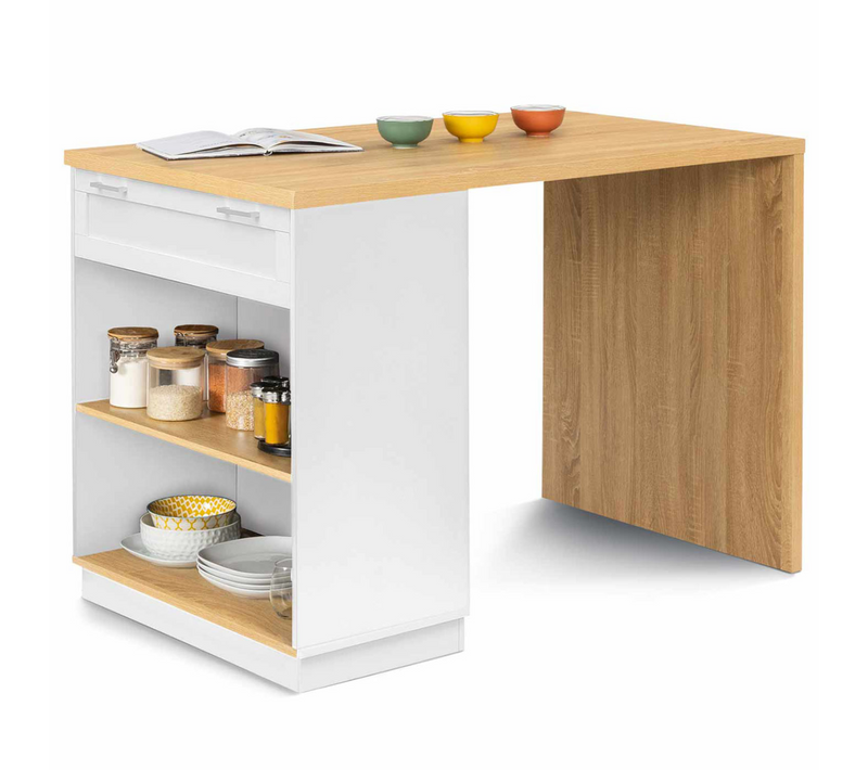 Ilot Central Mange Debout 4 Personnes Vito 130 Cm Blanc Et Plateau Bois