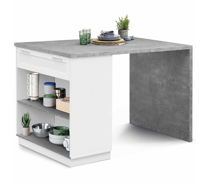 Ilot Central Mange Debout 4 Personnes Vito 130 Cm Blanc Et Plateau Effet Béton