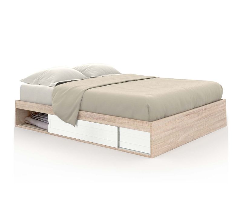 Cadre De Lit Double Salem Avec Rangements Et Sommier 140 X 190 Cm Façon Hêtre Et Blanc