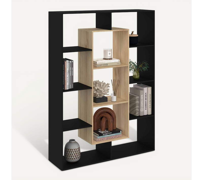 Etagère Bibliothèque Colette Avec 11 Compartiments Noir Et Effet Bois 143 Cm