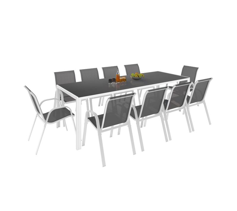 Salon De Jardin Madrid Table 240 Cm Et 10 Chaises Empilables Blanc Et Gris