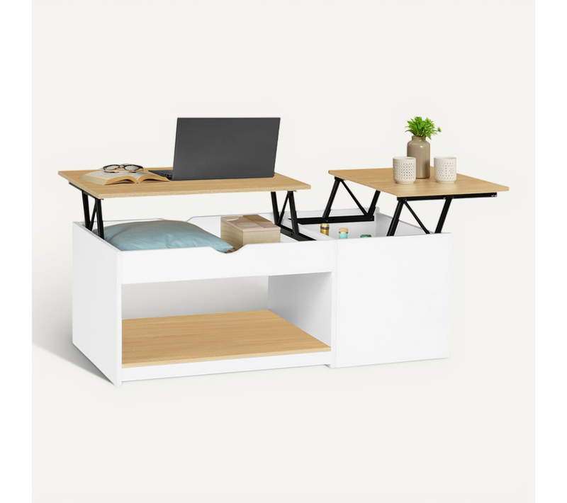 Table Basse 2 Plateaux Relevables Elea Avec Coffre Bois Blanc Et Façon Hêtre