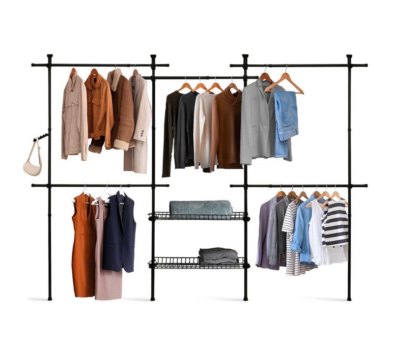 Dressing Penderie Télescopique Extensible Eliot 209/305 Cm 5 Penderies + 2 Paniers En Métal Noir