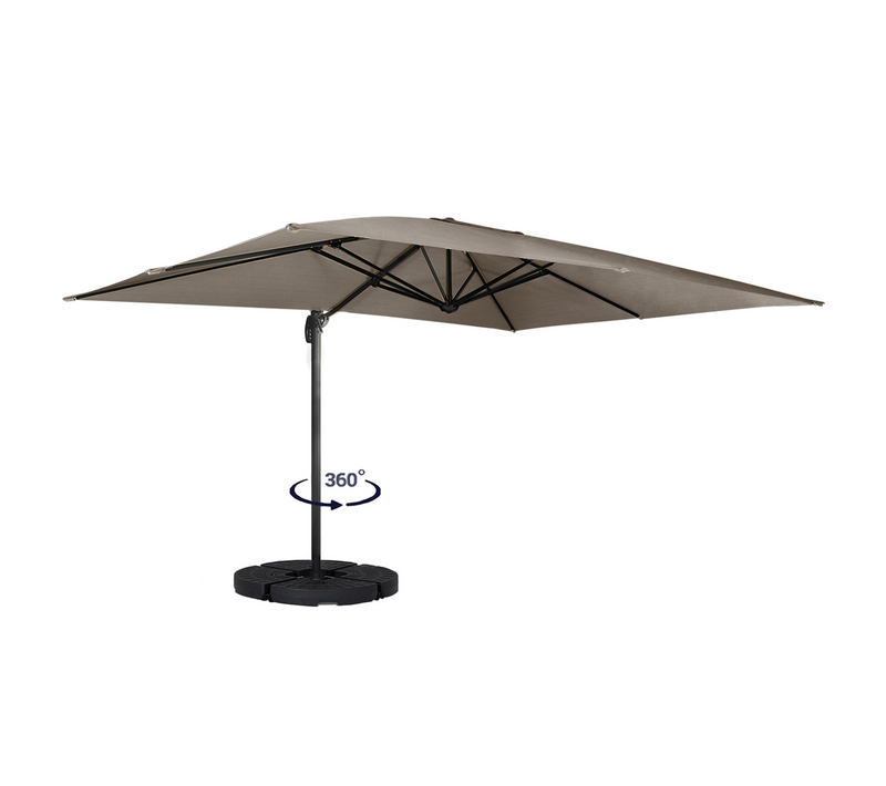 Parasol Déporté Inclinable Rotatif 360 Calvi Taupe 3x4 M Avec 4 Dalles Et Housse