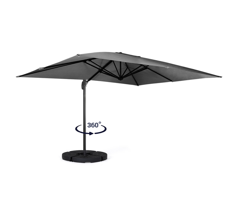 Parasol Déporté Inclinable Rotatif 360 Calvi Gris 3x3 M Avec 4 Dalles Et Housse