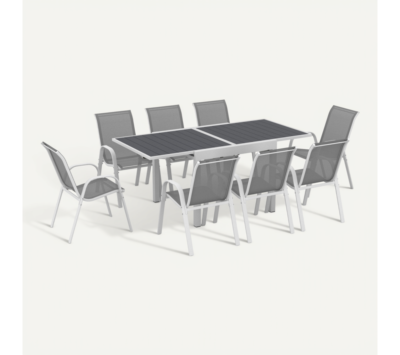 Salon De Jardin Poly Table Extensible 90-180 Cm Et 8 Chaises Blanc Et Gris