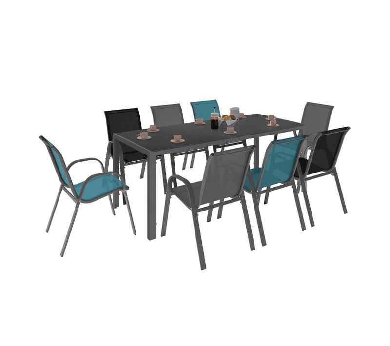 Salon De Jardin Madrid Table 190 Cm Et 8 Chaises Empilables Mix Color Bleu, Gris Et Noir