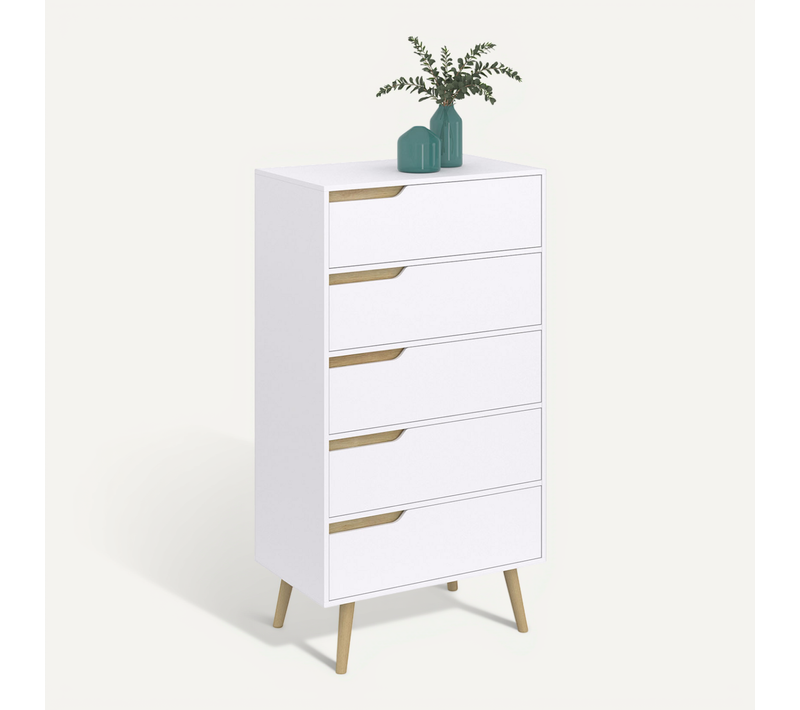 Chiffonnier 5 Tiroirs Helsinki 60 Cm Scandinave Blanc Commode Semainier