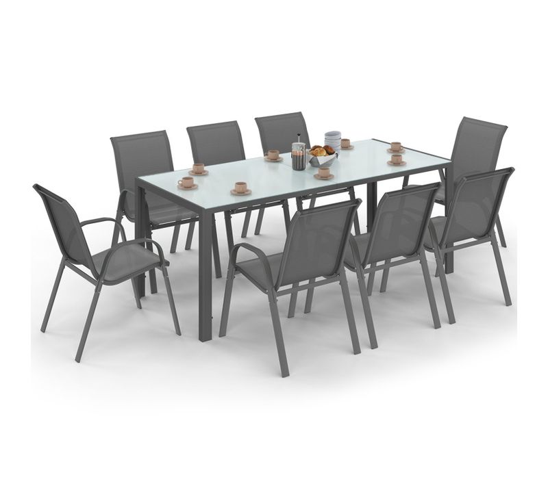 Salon De Jardin Madrid Table 190 Cm Et 8 Chaises Empilables Gris Anthracite Plateau Transparent