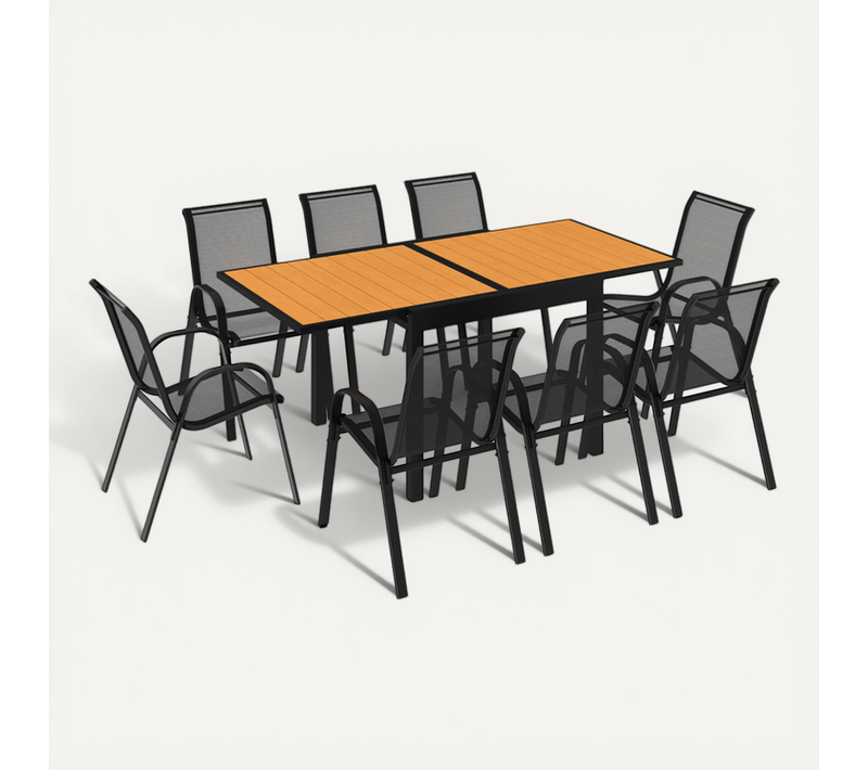 Salon De Jardin Poly Table Extensible 90-180 Cm Et 8 Chaises Bois Et Noir