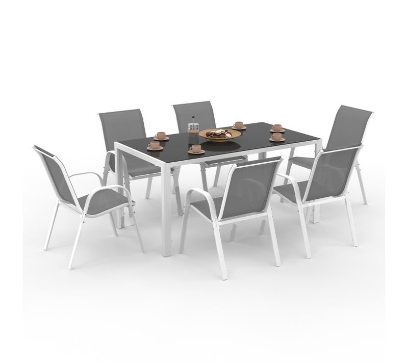 Salon De Jardin Madrid Table 150 Cm Et 6 Chaises Empilables Blanc Et Gris