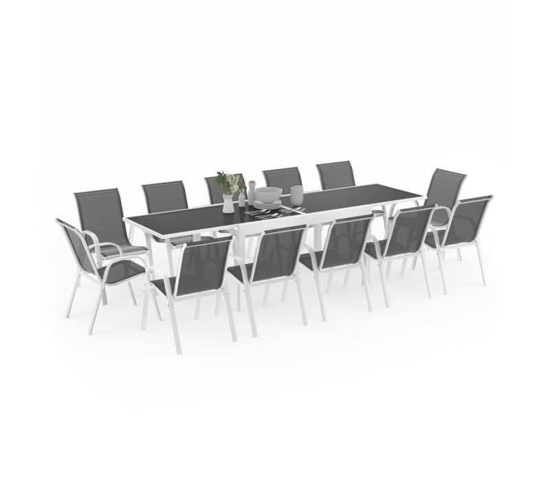 Salon De Jardin Madrid Table Extensible 135-270 Cm Et 12 Chaises Empilables Blanc Et Gris