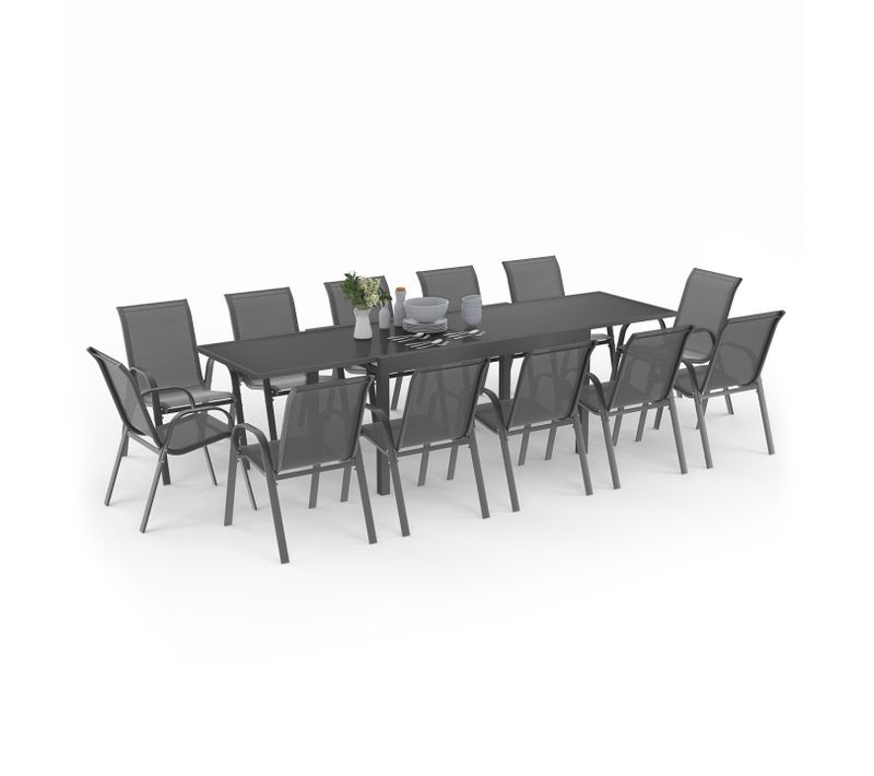 Salon De Jardin Madrid Table Extensible Gris 135-270 Cm Et 12 Chaises Empilables Gris Anthracite