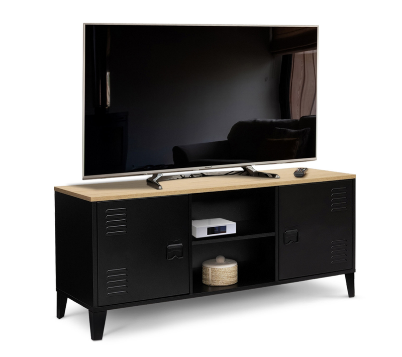 Meuble TV 113 Cm Ester 2 Portes Métal Noir Et Plateau Bois Design Industriel