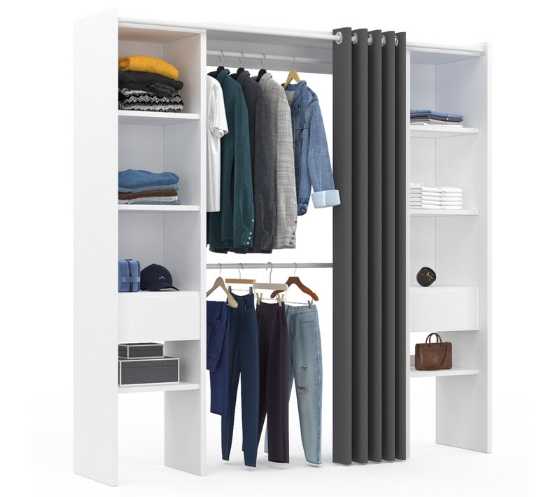 Dressing Extensible Double Blanc Et Gris Meryl 120/180x180cm Rideau + Double Penderie + Étagères