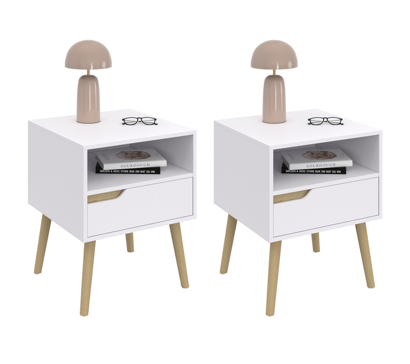 Lot De 2 Tables De Chevet Helsinki Scandinaves 1 Tiroir Avec Niche Blanc