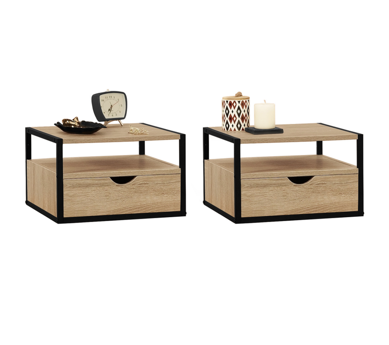 Lot De 2 Tables De Chevet Murales Detroit 1 Tiroir + 1 Tablette Suspendus Bois Et Métal Noir Design