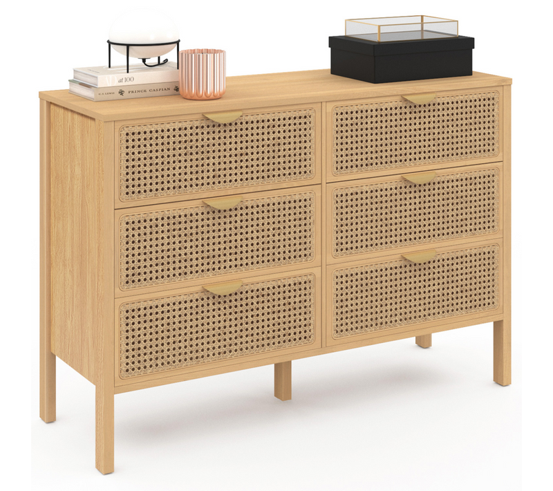 Commode 6 Tiroirs Edhen 115 Cm Bois Et Cannage