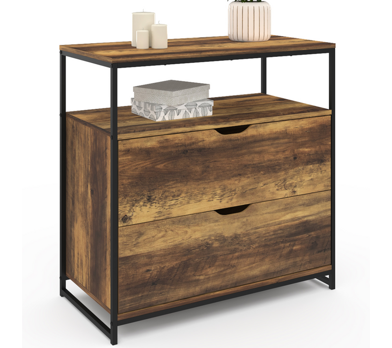 Commode 2 Tiroirs Hawkins 80 Cm Bois Foncé Design Industriel Avec Étagère