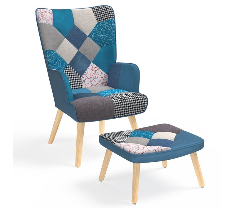 Fauteuil Scandinave Ivar Avec Repose Pieds En Tissu Patchwork Et Velours Bleu