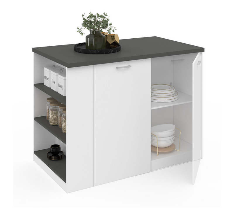 Ilot Central Tibo 120 Cm Bois Blanc Avec Plan De Travail Gris Anthracite
