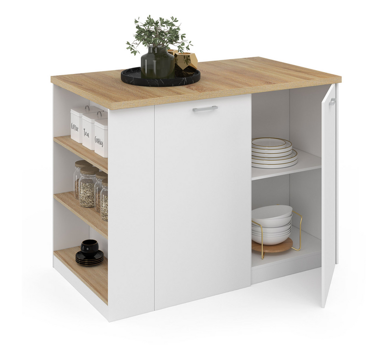 Ilot Central Tibo 120 Cm Bois Blanc Avec Plan De Travail Façon Hêtre