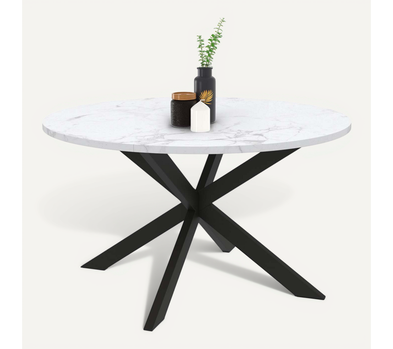 Table Basse Ronde Alaska 70 Cm Plateau Effet Marbre Blanc Et Pied Araignée Métal Noir