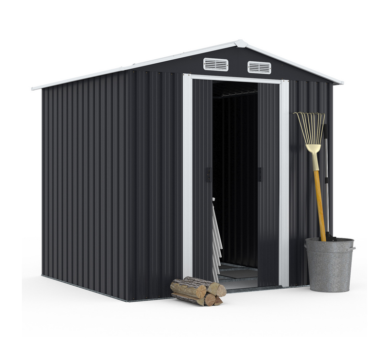 Abri De Jardin 3,7m² Gris En Acier Galvanisé Avec Base